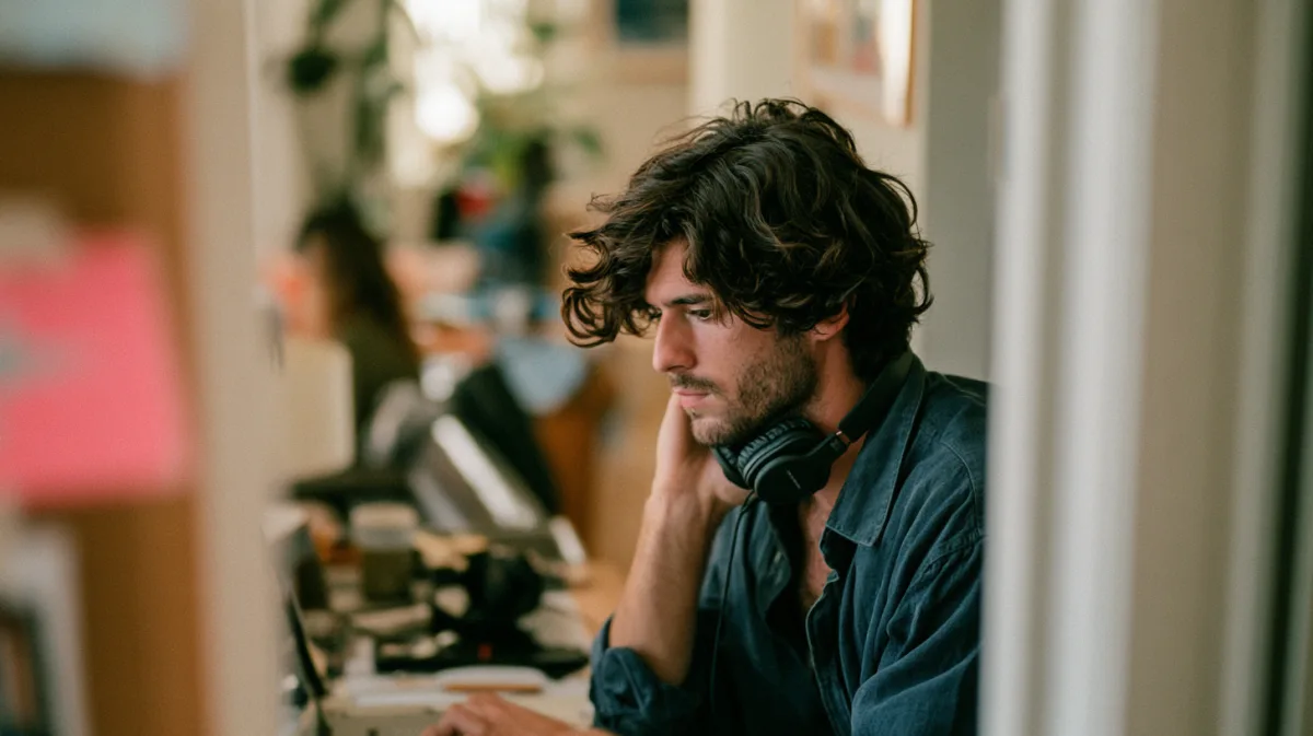 An engineer reading code at a standing desk, mid-review