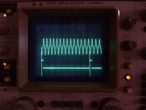 A clean waveform trace on a bench oscilloscope